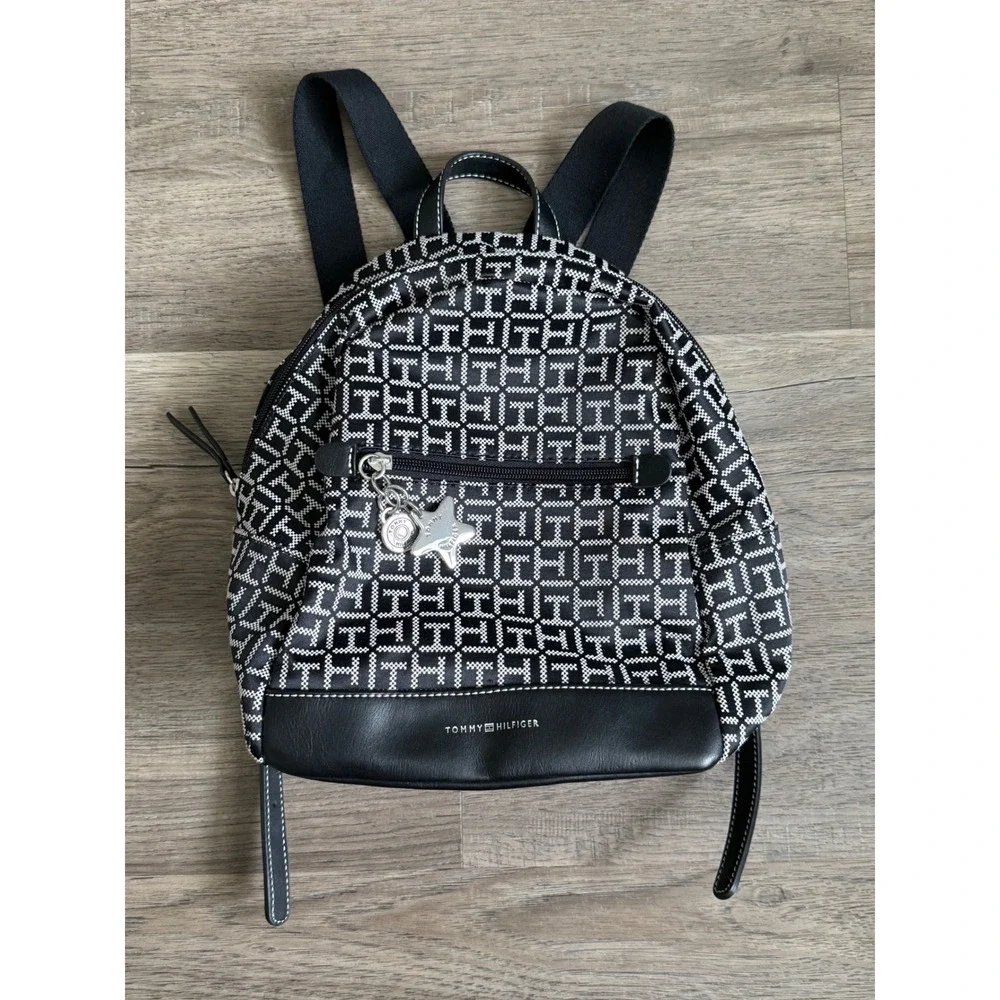 Tommy Hilfiger TH Monogram Mini Backpack Black White Logo Bag Charm